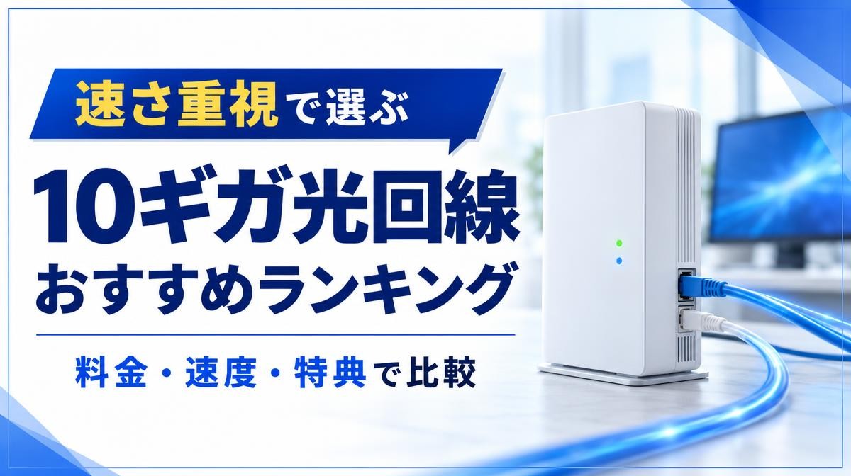 10ギガ光回線おすすめランキング｜速さ重視で選ぶ・料金・速度・特典で比較の文字と白いONUと青いLANケーブル