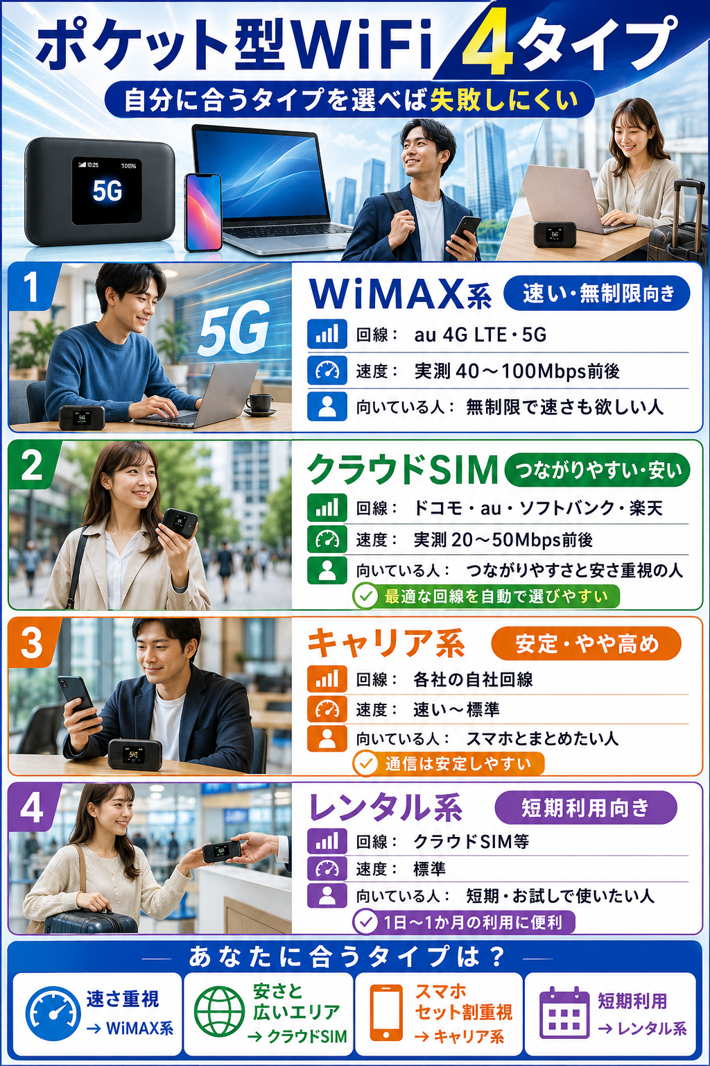 WiMAX・クラウドSIM・キャリア・レンタルの4タイプ