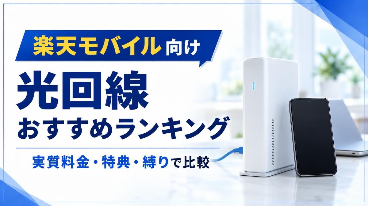 楽天モバイルにおすすめの光回線比較｜「楽天モバイル向け 光回線 おすすめランキング 実質料金・特典・縛りで比較」の文字と白い光回線ルーター・スマホ