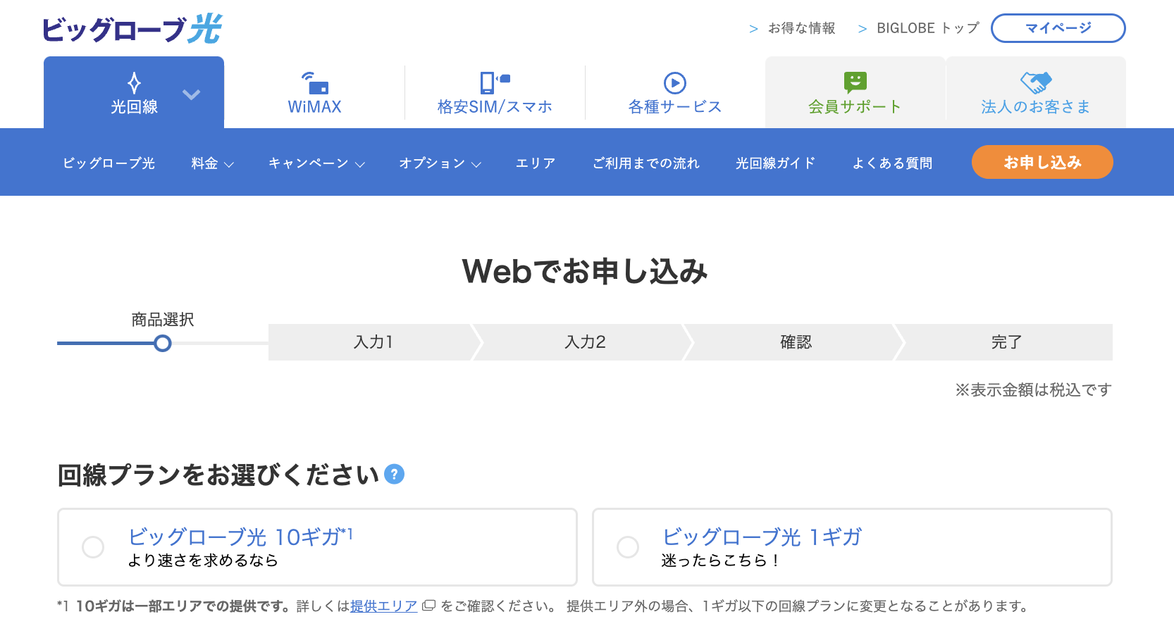 ビッグローブ光のお申込み画面