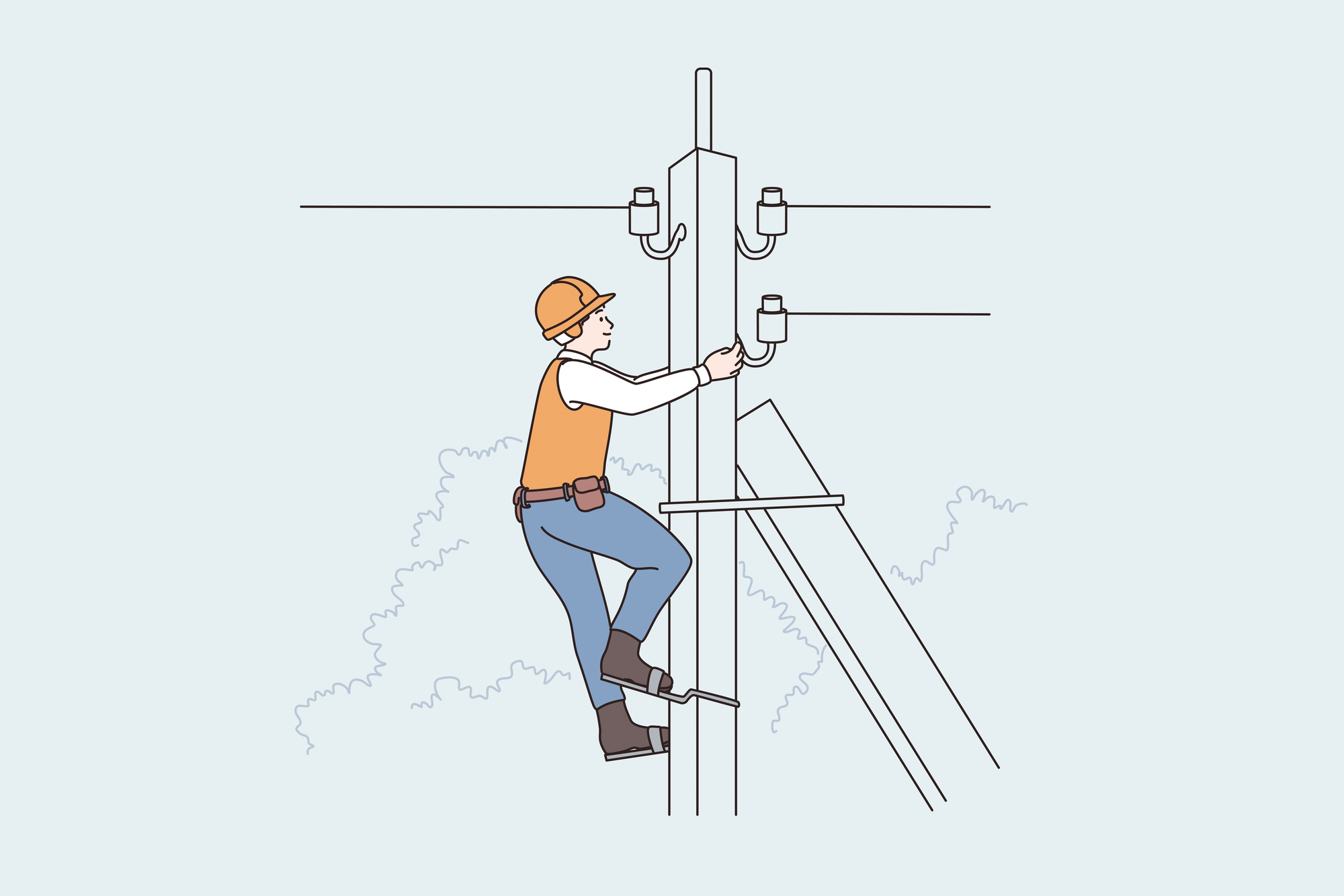 電柱にのぼって工事をする人