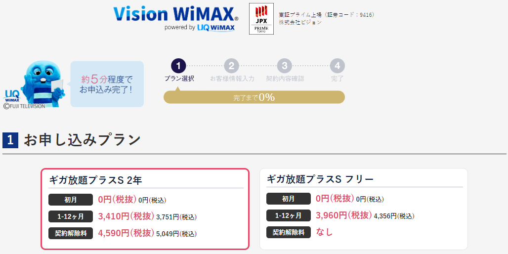 Vision WiMAXの申込画面